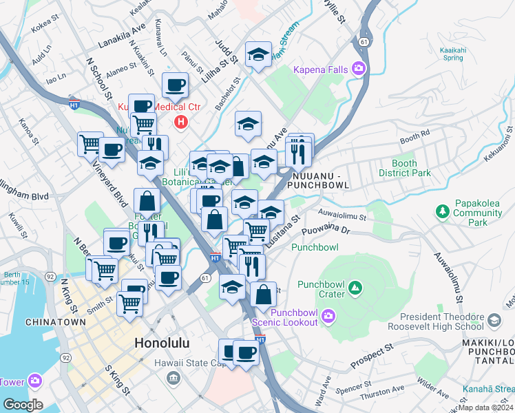 map of restaurants, bars, coffee shops, grocery stores, and more near 57 South Kuakini Street in Honolulu