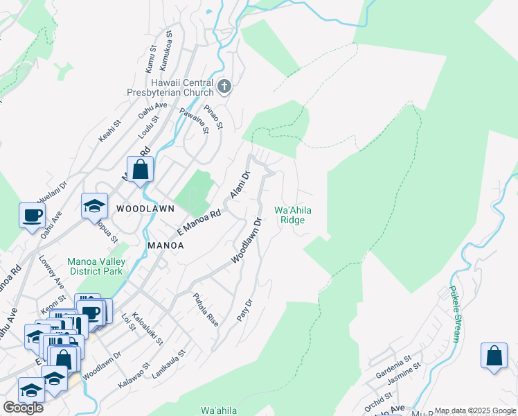 map of restaurants, bars, coffee shops, grocery stores, and more near 3542 Woodlawn Drive in Honolulu
