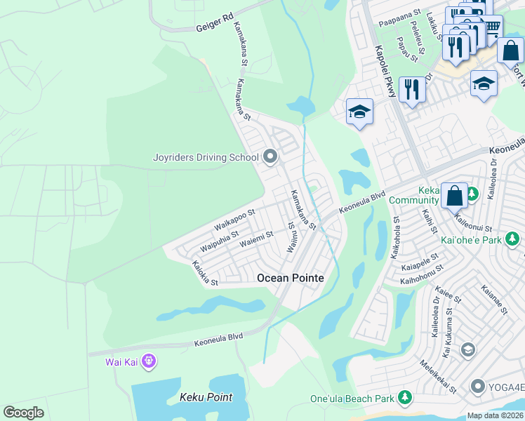 map of restaurants, bars, coffee shops, grocery stores, and more near 91-1055 Waikapoo Street in Ewa Beach