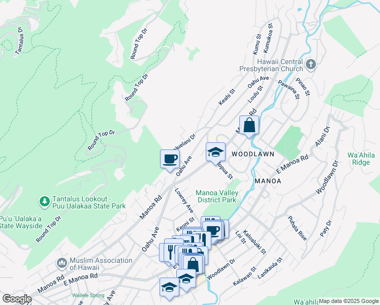 map of restaurants, bars, coffee shops, grocery stores, and more near 3136 Oahu Avenue in Honolulu