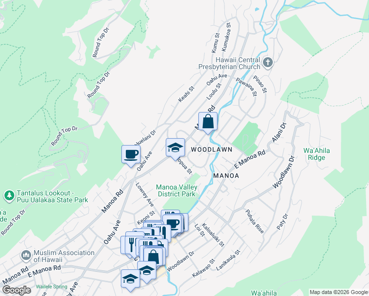 map of restaurants, bars, coffee shops, grocery stores, and more near 3227 Manoa Road in Honolulu