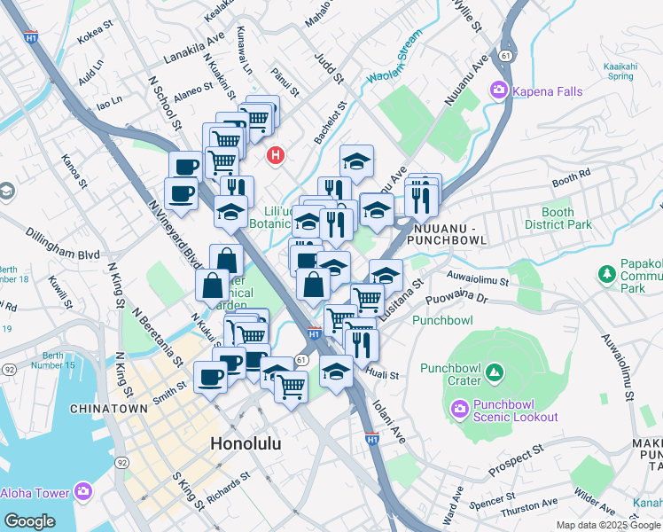 map of restaurants, bars, coffee shops, grocery stores, and more near 1719 Nuuanu Avenue in Honolulu