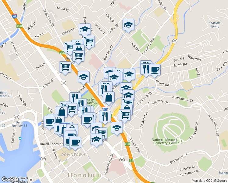 map of restaurants, bars, coffee shops, grocery stores, and more near 1719 Nuuanu Avenue in Honolulu