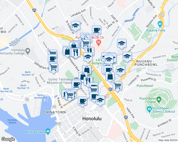 map of restaurants, bars, coffee shops, grocery stores, and more near 1465 Aala Street in Honolulu