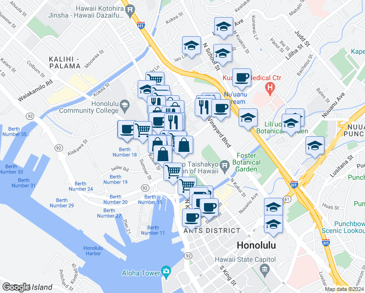 map of restaurants, bars, coffee shops, grocery stores, and more near 522 North King Street in Honolulu