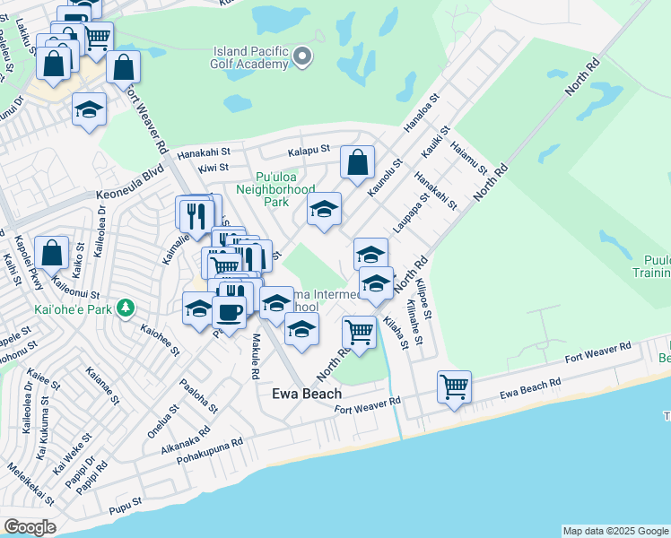 map of restaurants, bars, coffee shops, grocery stores, and more near 91-865 Ma Ke Kula Street in Ewa Beach