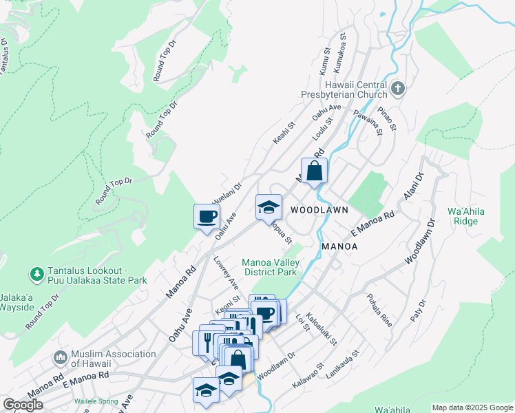 map of restaurants, bars, coffee shops, grocery stores, and more near 3173 Papala Street in Honolulu