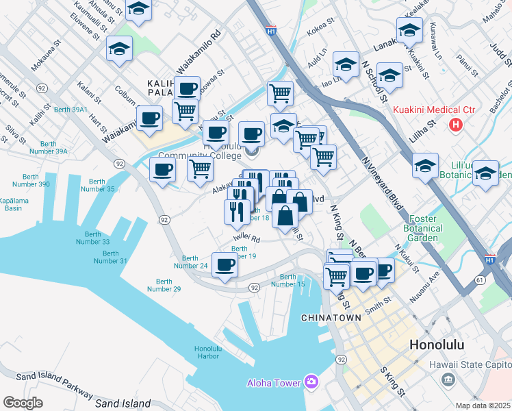 map of restaurants, bars, coffee shops, grocery stores, and more near 801 Dillingham Boulevard in Honolulu
