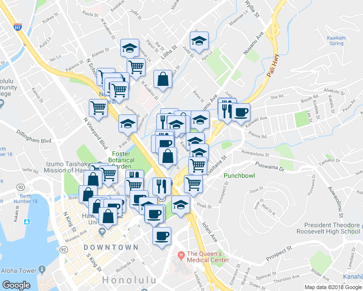 map of restaurants, bars, coffee shops, grocery stores, and more near 1719 Nuuanu Avenue in Honolulu