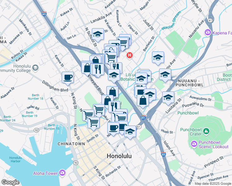 map of restaurants, bars, coffee shops, grocery stores, and more near 1465 Aala Street in Honolulu