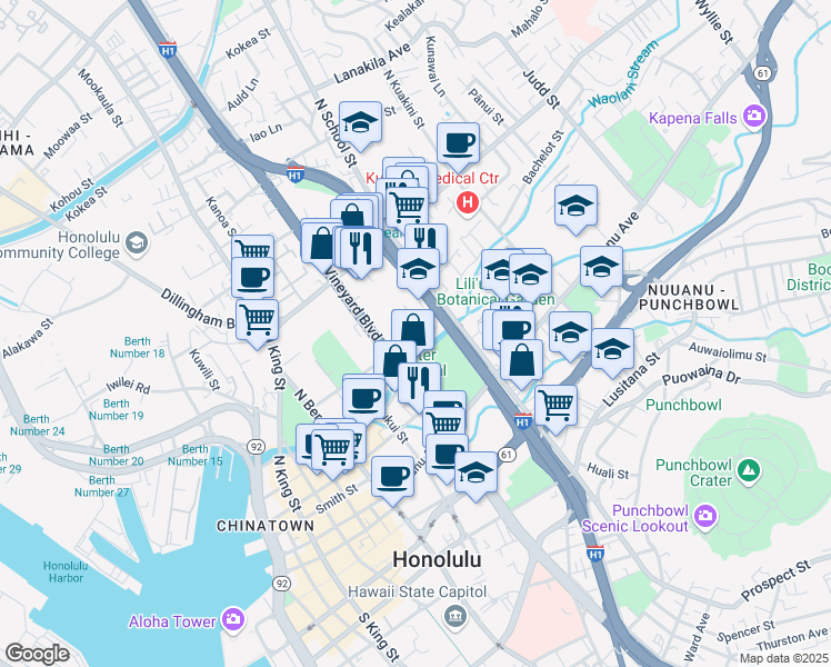 map of restaurants, bars, coffee shops, grocery stores, and more near 1465 Aala Street in Honolulu