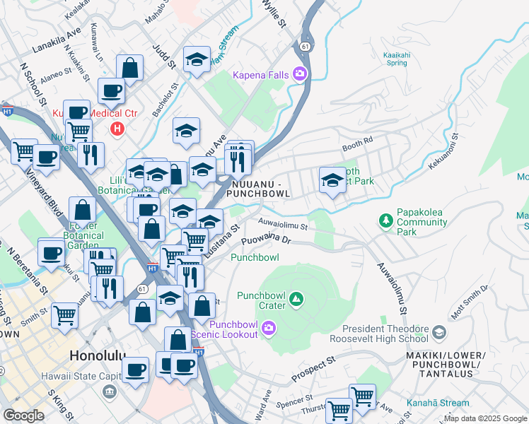 map of restaurants, bars, coffee shops, grocery stores, and more near 1923 Lusitana Street in Honolulu