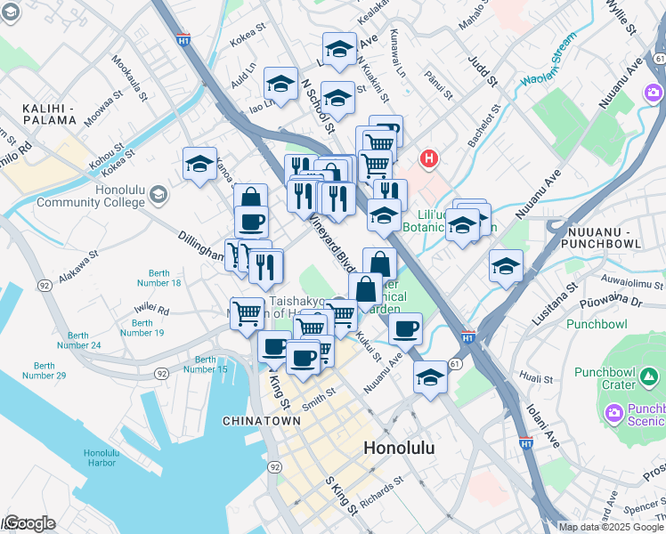 map of restaurants, bars, coffee shops, grocery stores, and more near 357 North Vineyard Boulevard in Honolulu