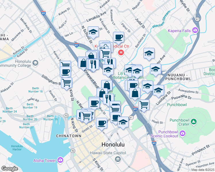 map of restaurants, bars, coffee shops, grocery stores, and more near 1486 Aala Street in Honolulu
