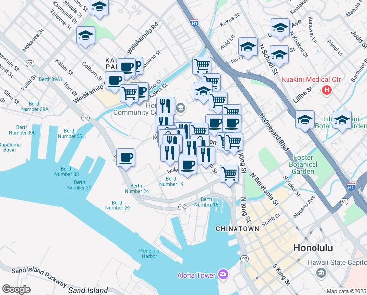 map of restaurants, bars, coffee shops, grocery stores, and more near 801 Dillingham Boulevard in Honolulu