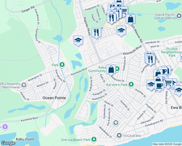 map of restaurants, bars, coffee shops, grocery stores, and more near 91-1022 Kaikohola Street in Ewa Beach