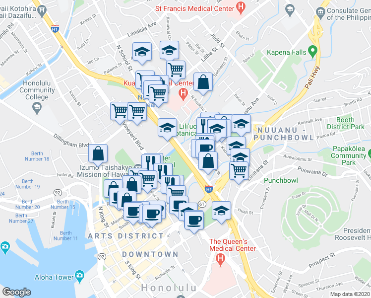 map of restaurants, bars, coffee shops, grocery stores, and more near 116 North School Street in Honolulu