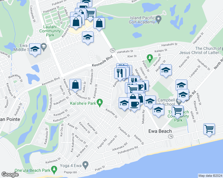 map of restaurants, bars, coffee shops, grocery stores, and more near 91-1009 Kaikauhaa Street in Ewa Beach