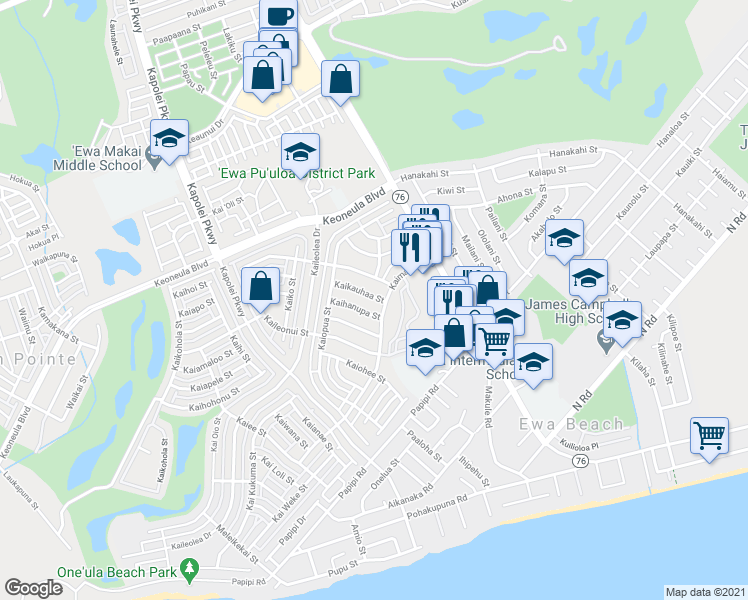 map of restaurants, bars, coffee shops, grocery stores, and more near 91-1009 Kaikauhaa Street in Ewa Beach