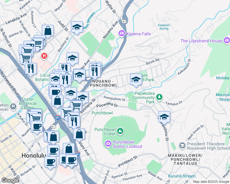 map of restaurants, bars, coffee shops, grocery stores, and more near 2155C Pauoa Road in Honolulu
