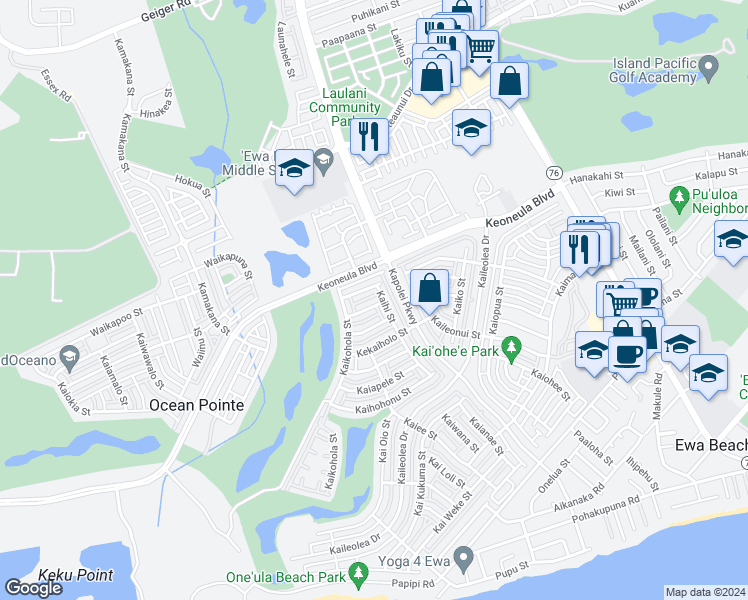 map of restaurants, bars, coffee shops, grocery stores, and more near 91-1008 Kaiapo Street in Ewa Beach