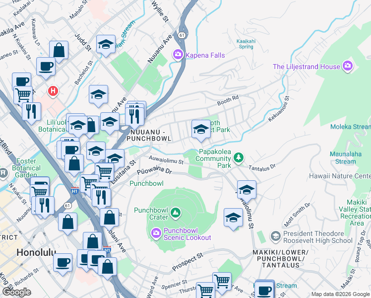 map of restaurants, bars, coffee shops, grocery stores, and more near 319 Akaka Lane in Honolulu