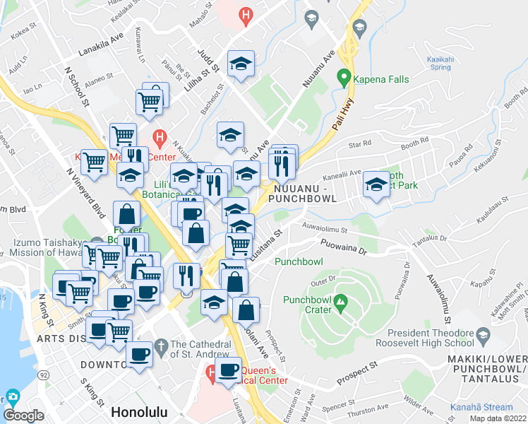 map of restaurants, bars, coffee shops, grocery stores, and more near 1825 Pacific Heights Road in Honolulu