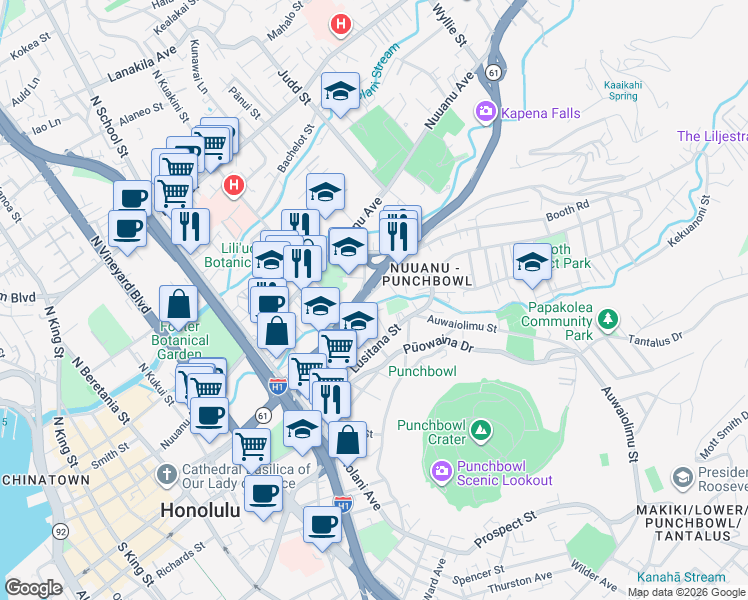 map of restaurants, bars, coffee shops, grocery stores, and more near 1825 Pacific Heights Road in Honolulu