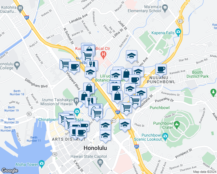 map of restaurants, bars, coffee shops, grocery stores, and more near 23 Kaena Lane in Honolulu