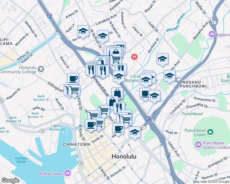 map of restaurants, bars, coffee shops, grocery stores, and more near 296 North Vineyard Boulevard in Honolulu