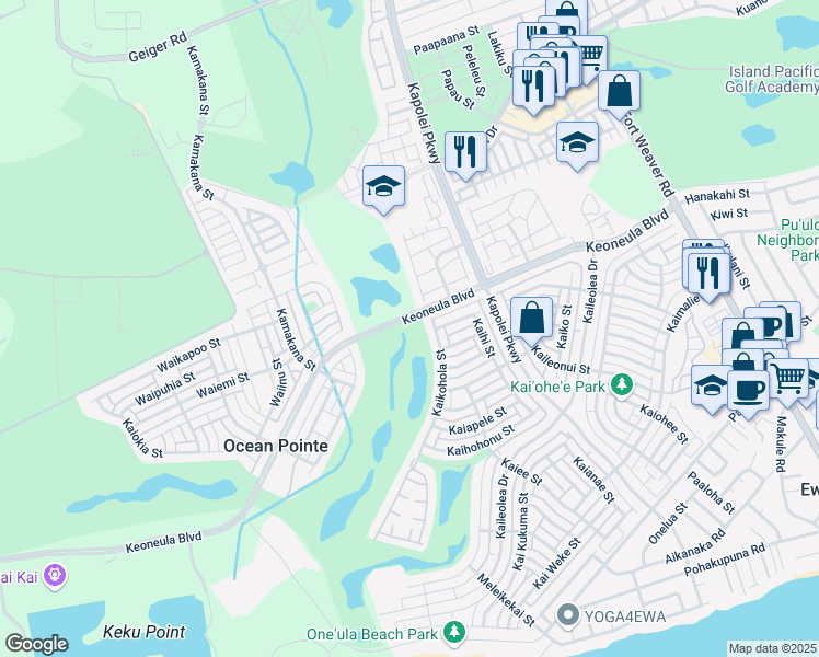 map of restaurants, bars, coffee shops, grocery stores, and more near 91-1022 Kaikohola Street in Ewa Beach