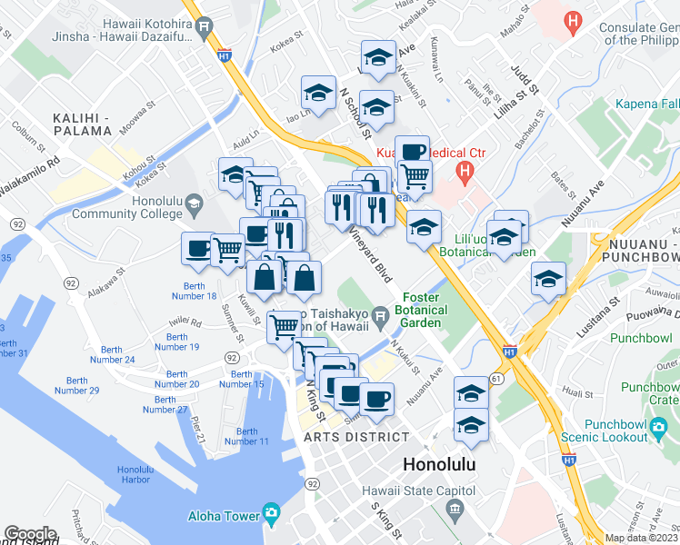 map of restaurants, bars, coffee shops, grocery stores, and more near 1205 Liliha Street in Honolulu