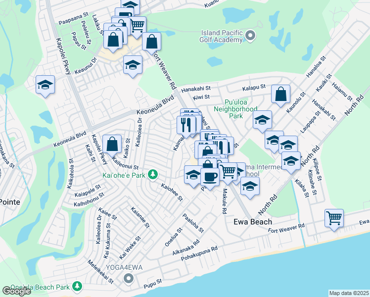 map of restaurants, bars, coffee shops, grocery stores, and more near 91-1031 Kaimalie Street in Ewa Beach