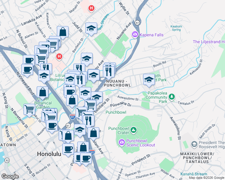 map of restaurants, bars, coffee shops, grocery stores, and more near 1870 Lusitana Street in Honolulu