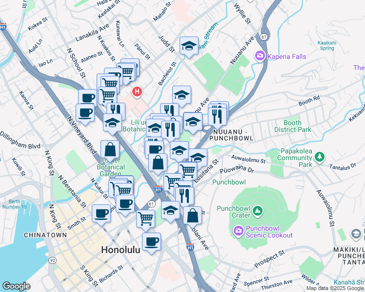map of restaurants, bars, coffee shops, grocery stores, and more near 45 South Kuakini Street in Honolulu