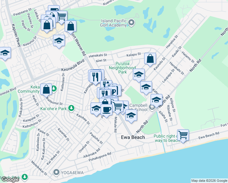 map of restaurants, bars, coffee shops, grocery stores, and more near 91-918 Kuhina Street in Ewa Beach
