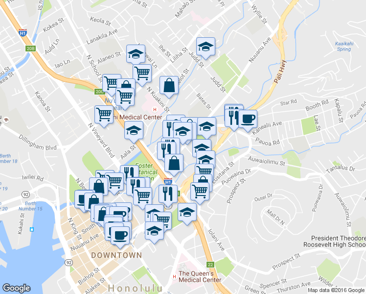 map of restaurants, bars, coffee shops, grocery stores, and more near 1719 Nuuanu Avenue in Honolulu