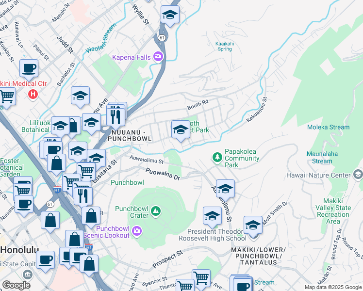 map of restaurants, bars, coffee shops, grocery stores, and more near 2301 Pauoa Road in Honolulu