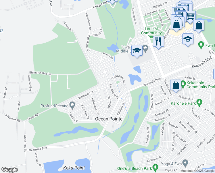 map of restaurants, bars, coffee shops, grocery stores, and more near 91 Waikapoo Street in Ewa Beach