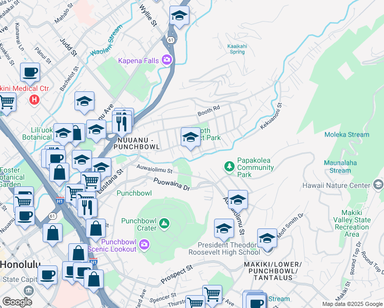 map of restaurants, bars, coffee shops, grocery stores, and more near 2301 Pauoa Road in Honolulu