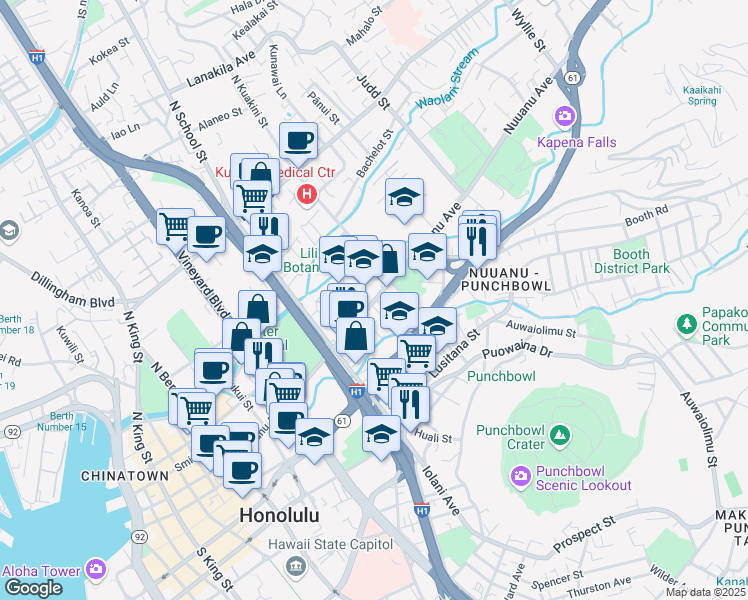 map of restaurants, bars, coffee shops, grocery stores, and more near 1719 Nuuanu Avenue in Honolulu