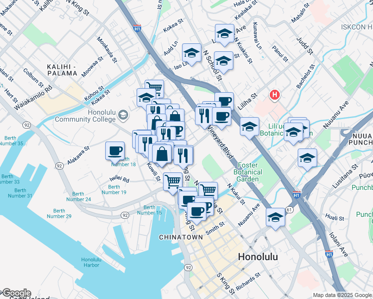 map of restaurants, bars, coffee shops, grocery stores, and more near 522 North King Street in Honolulu