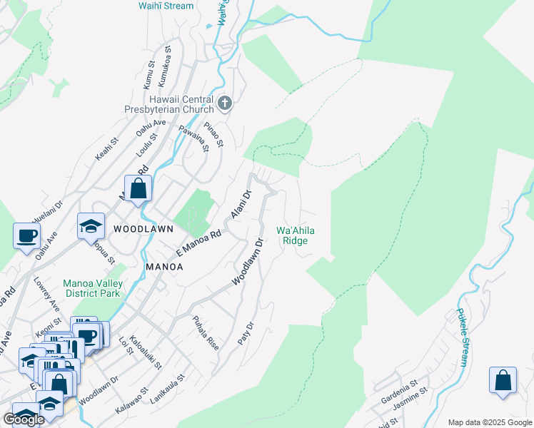 map of restaurants, bars, coffee shops, grocery stores, and more near 3581 Woodlawn Drive in Honolulu