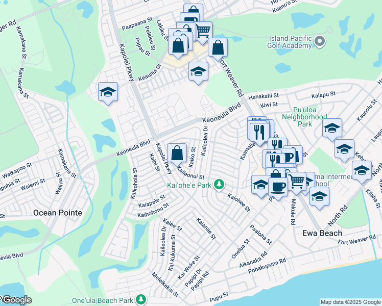 map of restaurants, bars, coffee shops, grocery stores, and more near 91-1054 Kaiko Street in Ewa Beach