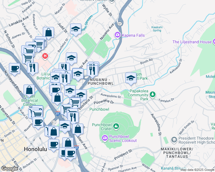 map of restaurants, bars, coffee shops, grocery stores, and more near 1923 Lusitana Street in Honolulu