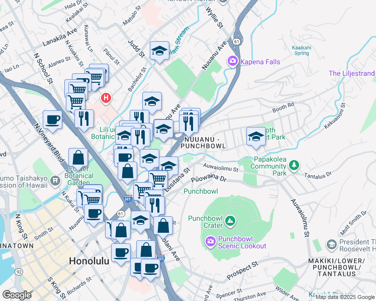 map of restaurants, bars, coffee shops, grocery stores, and more near 1870 Lusitana Street in Honolulu
