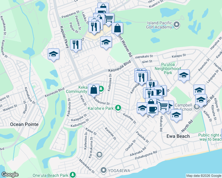 map of restaurants, bars, coffee shops, grocery stores, and more near 91-1021 Kaiko Street in Ewa Beach