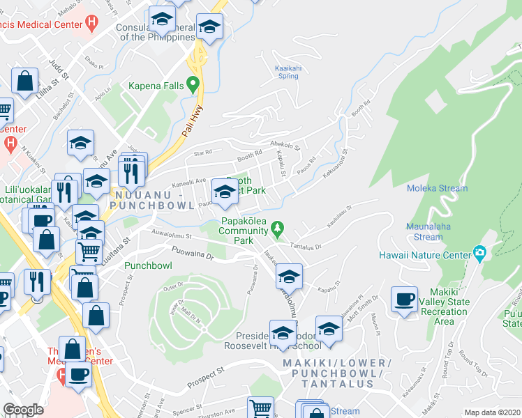 map of restaurants, bars, coffee shops, grocery stores, and more near 2401A Pauoa Road in Honolulu