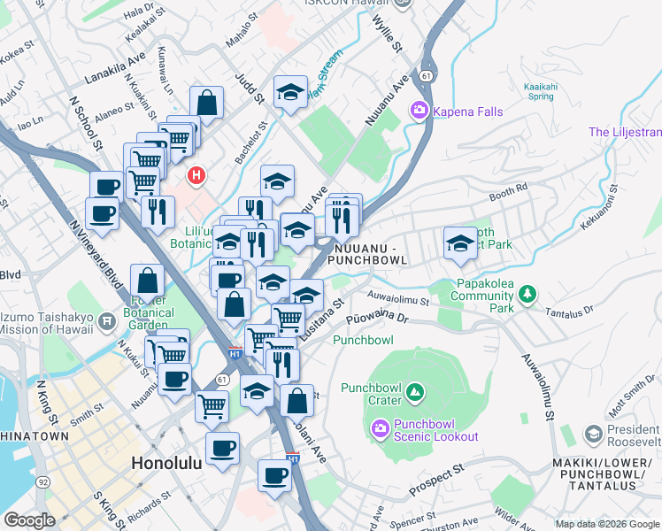 map of restaurants, bars, coffee shops, grocery stores, and more near 1951 Pacific Heights Road in Honolulu