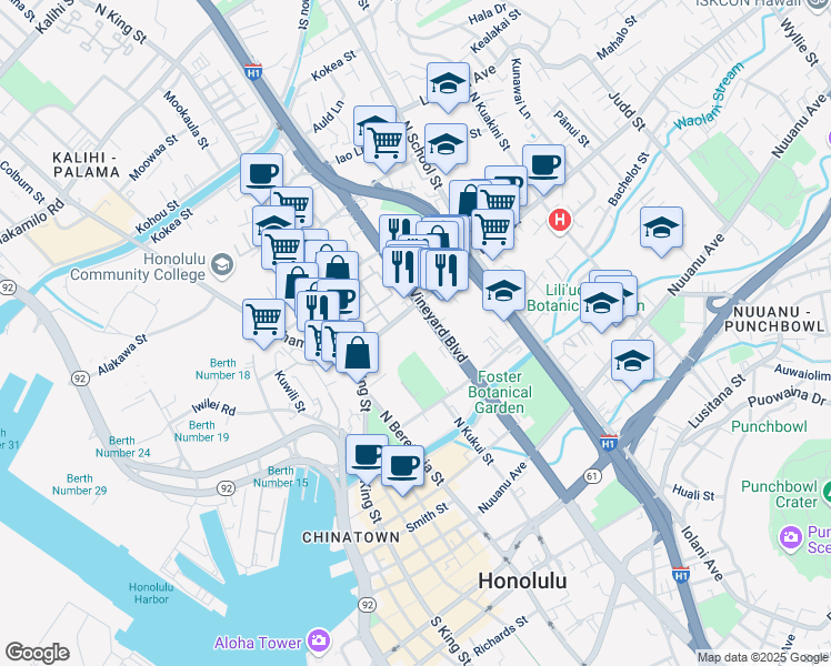 map of restaurants, bars, coffee shops, grocery stores, and more near 1320 Liliha Street in Honolulu